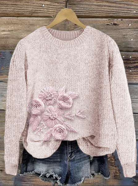 Maple Leaf Knitted Simple Sweater, Pink, Sweaters