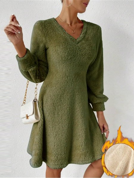 

Women Plain V Neck Long Sleeve Comfy Casual Midi Dress, Army green, Dresses