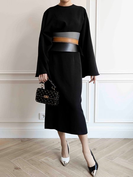 Urban Plain Crew Neck Raglan Sleeves Dress With No Belt, Black, Midi Dresses