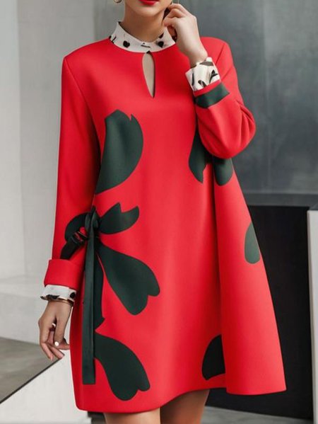 

Regular Sleeve Stand Collar Casual Loose Dress, Red, Midi Dresses