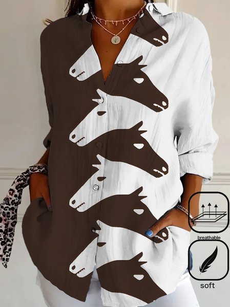 

Women's Vintage Western Horse Print Long Sleeve Shirt, As picture, Blouses