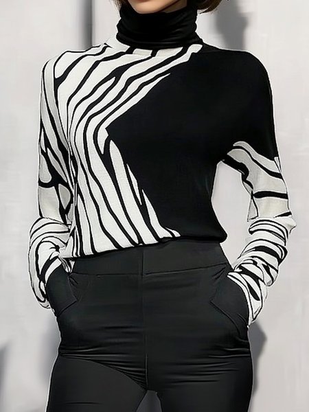 

Casual Regular Sleeve Turtleneck Printing Jersey T-Shirt, Black-white, Tees