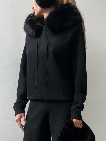 

Plain Fur Collar Casual Daily Raglan Sleeve Hoodie, Black, Hoodies and Sweatshirts