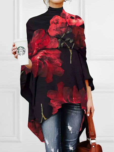 

Floral Urban Regular Sleeve Turtleneck Blouse, Reddish black, Blouses and Shirts
