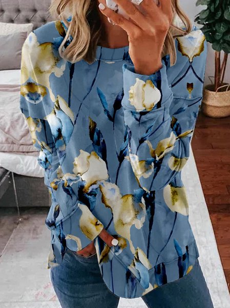 

Casual Crew Neck Floral Sweatshirt Zipper, Blue, Hoodies & Sweatshirts