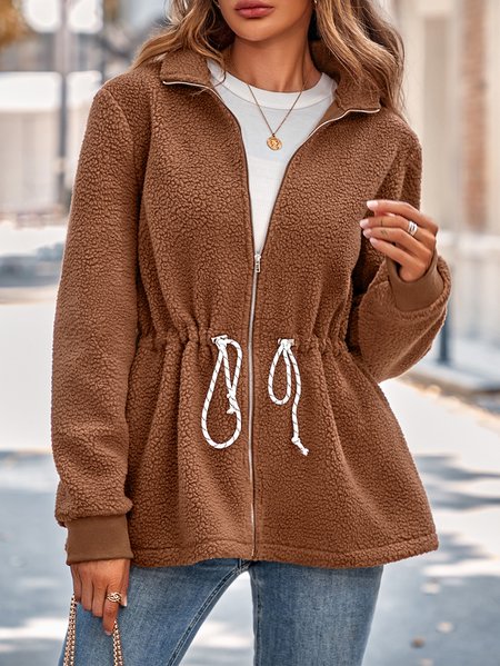 

Women's Winter Outerwear Fluff/Granular Fleece Fabric Casual Zipper Plain Long Sleeve Stand Collar Fleece Coat, Brown, Outerwear