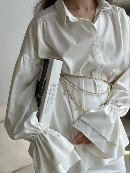 

Regular Fit Elegant Regular Sleeve Plain Shirt Collar Shirt With No Belt, White, Blouses and Shirts