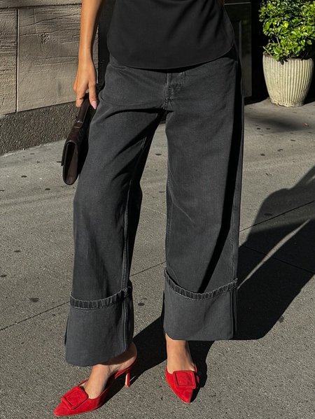 

H-Line Casual Wide leg Denim Jeans, Black, Jeans