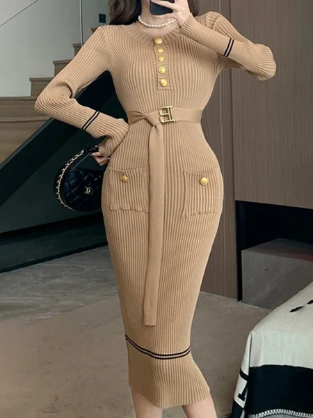 

Regular Sleeve Urban Crew Neck Sweater Dress With Belt, Khaki, Midi Dresses