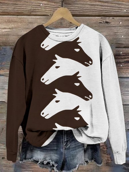 

Women's Vintage Western Horse Print Crew Neck Sweatshirt, Brown, Hoodies&Sweatshirts