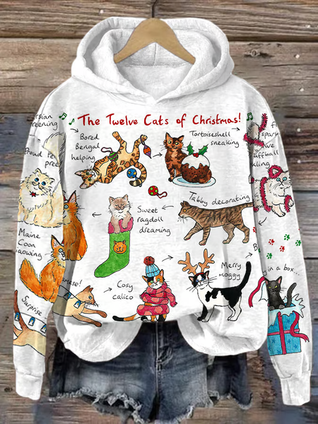 Women's The Twelve Cats Of Christmas Hoodie, White, Hoodies&Sweatshirts