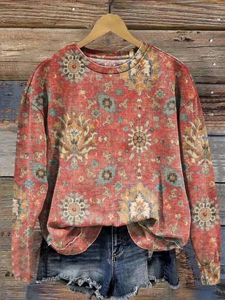 Women's Retro Ethnic Pattern Print Casual Sweatshirt, Red, Hoodies&Sweatshirts