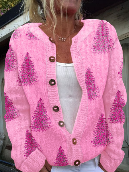 

Women's Christmas Tree Print Knitted Cardigan, Pink, Cardigans