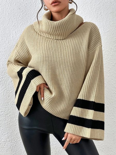 

Casual Color Block Loose Turtleneck Long Sleeve Sweater, Khaki, Pullovers