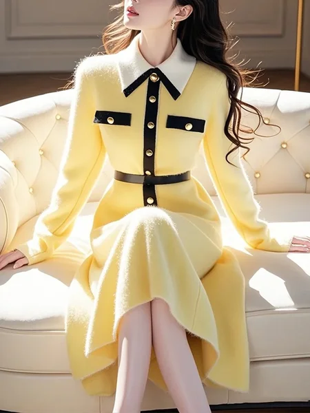 

Regular Sleeve Elegant Color Block Regular Fit Sweater Midi Dress, Yellow, Midi Dresses