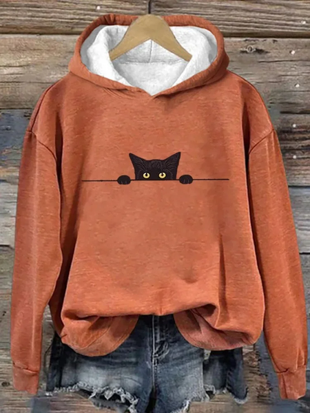 

Casual Hoodie Cute Cat Print Cotton Hoodie, Orange, Hoodies & Sweatshirts