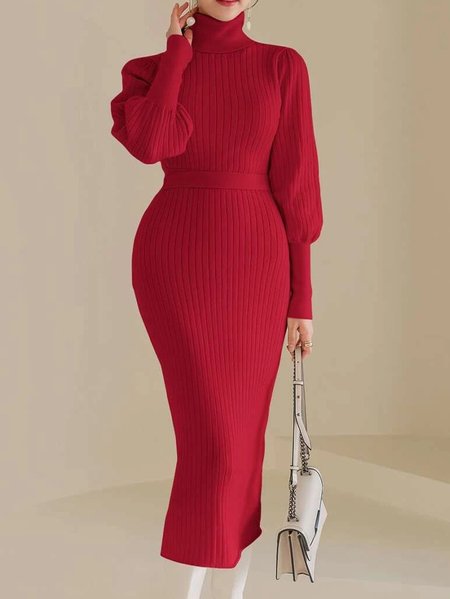 

Regular Fit Balloon Sleeve Elegant Plain Sweater Dress With Belt, Red, Maxi Dresses