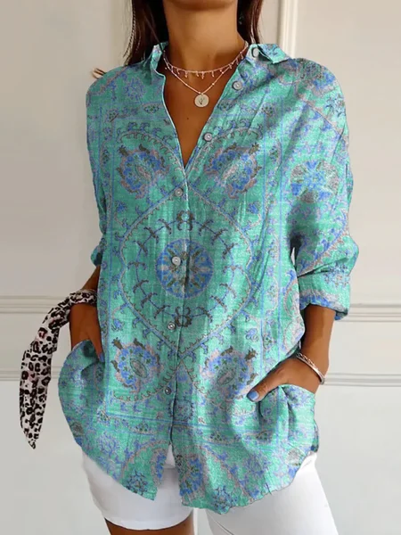 

Women's Colorful Retro Totem Print Casual Cotton Shirt, Green, Blouses
