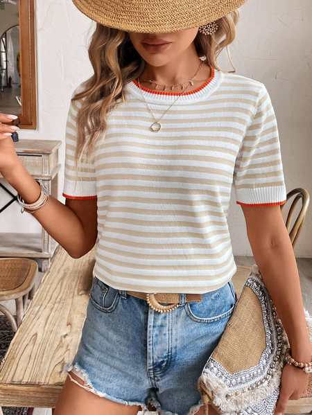 

Women's Autumn Striped Casual Short Sleeve Crew Neck Sweater, Light khaki, Sweaters