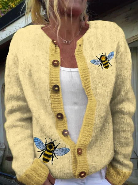 

3D Printing Tassel Embroidery Bee Women's Soft Sweater Cardigan, Yellow, Cardigans