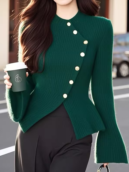 

High Elasticity Urban One Shoulder Sleeve Crew Neck Long Sleeve Asymmetric Cardigan Sweater, Green, Cardigans