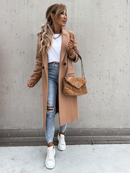 Casual Plain Others Loose Jacket, Beige, Outerwear