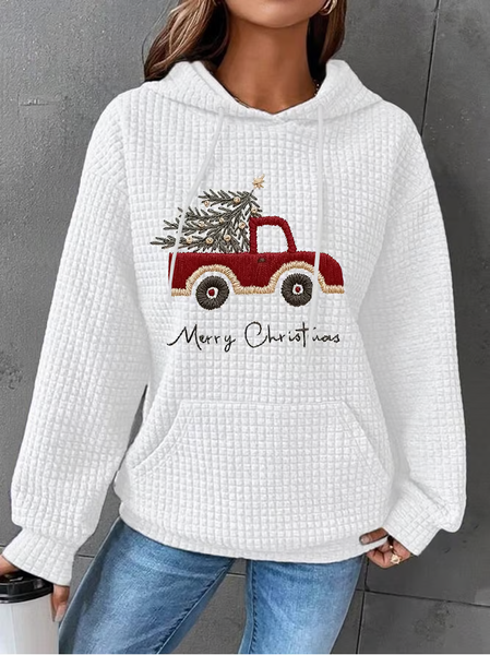 Women's Christmas Tree Print Gingham Hoodie, White, Hoodies&Sweatshirts