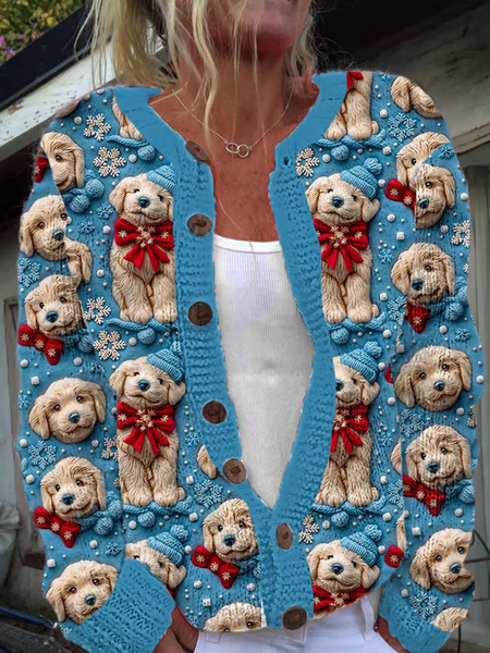

Christmas Puppy Embroidery Animal Pattern Art Print Knitted Cardigan, As picture, Cardigans