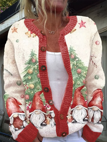 

Women's Christmas Printing Flowers Knit Cardigan, As picture, Cardigans