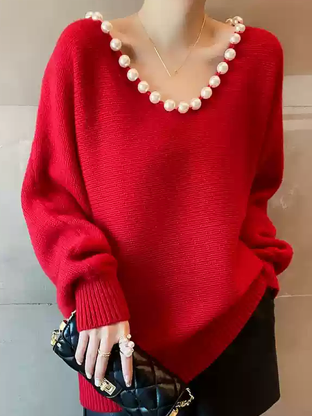 

High Elasticity V Neck Long Sleeve Imitation Pearls Regular Sleeve Color Block Casual Sweater, Red, Pullovers
