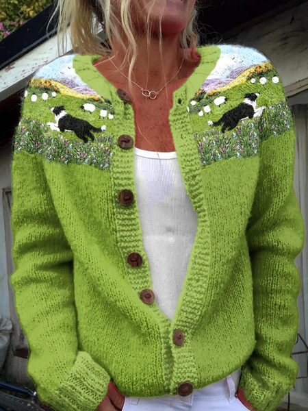 

Vintage Shepherd Dog Art Casual Knitted Cardigan, Green, Cardigans
