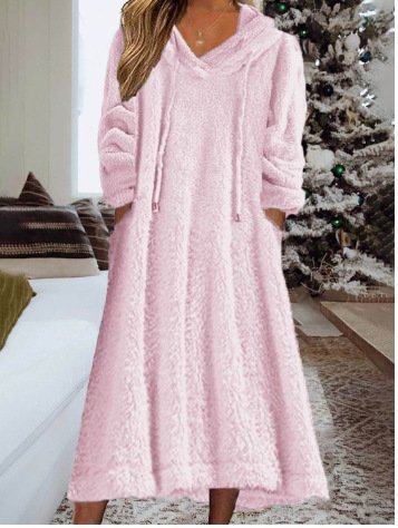 

Women's Long Sleeve Spring/Fall Plain Fluff/Granular Fleece Fabric Dress Hoodie Daily Going Out Casual Midi H-Line, Pink, Dresses