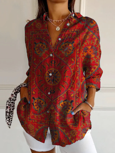 

Shirt Collar Long Sleeve Ethnic Pattern Loose Shirt For Women, Red, Shirts