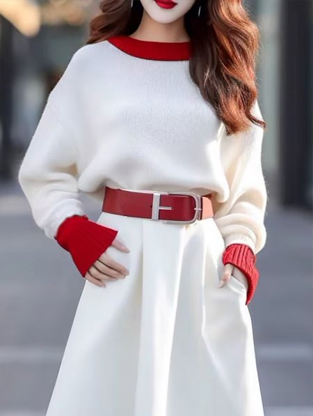 

Casual Regular Sleeve Color Block Sweater, White, Pullovers