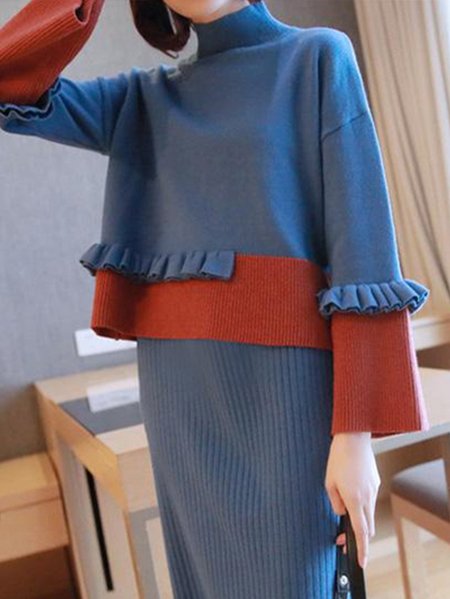 

Casual Ruffle Sleeve Turtleneck Sweater, As picture, Pullovers