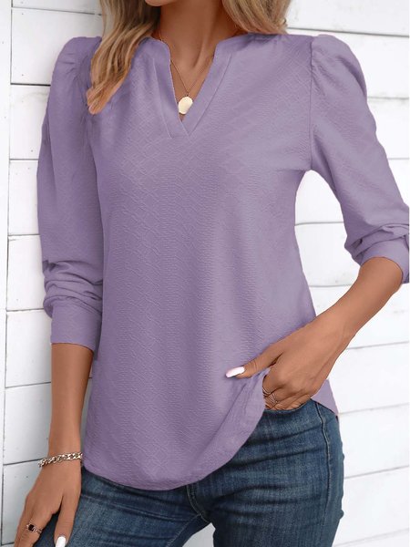 

Notched Long Sleeve Plain Regular Micro-Elasticity Loose Blouse For Women, Purple, Blouses