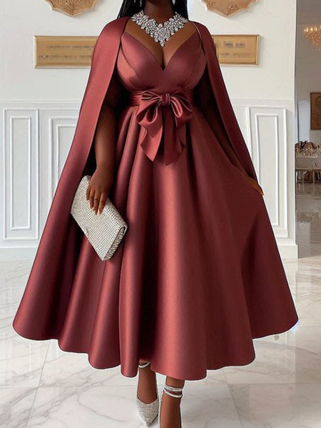 

Elegant Plain Party Dress With Belt, Datered, Maxi Dresses