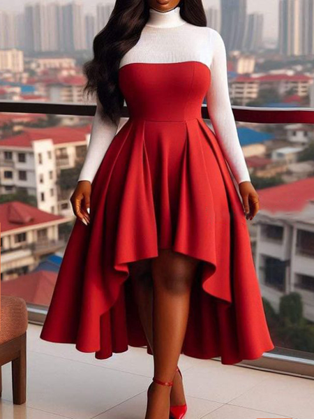 

Medium Elasticity Color Block Turtleneck Long Sleeve Elegant Regular Sleeve Midi Dress, As picture, Midi Dresses