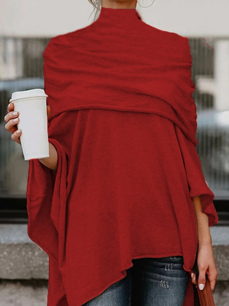 

Turtleneck Long Sleeve Plain Regular Micro-Elasticity Loose Blouse For Women, Red, Blouses