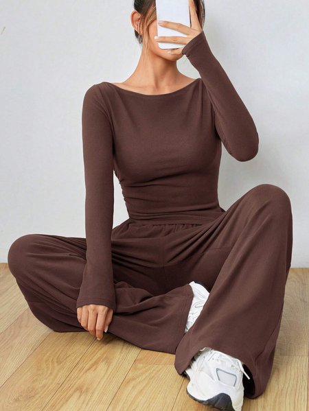 

Women Plain Long Sleeve Comfy Casual Zipper Top With Pants Two-Piece Set, Coffee, Sets