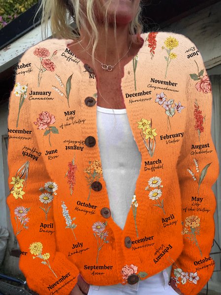 Mom Garden Floral Simple Floral Wool/Knitting Cardigan, Orange, Cardigans