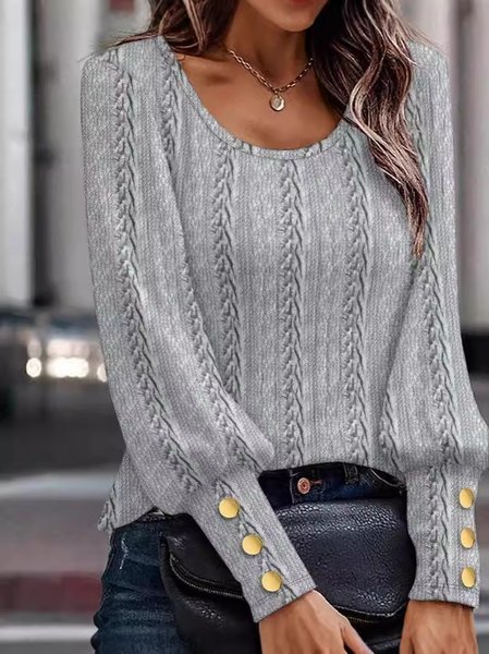 

Crew Neck Long Sleeve Plain Regular Micro-Elasticity Loose Blouse For Women, Gray, Blouses
