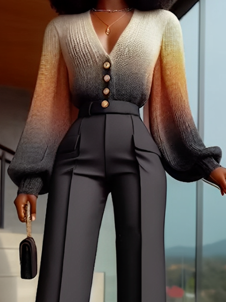 

High Elasticity Urban V Neck Long Sleeve Balloon Sleeve sweater Cardigan, As picture, Cardigans