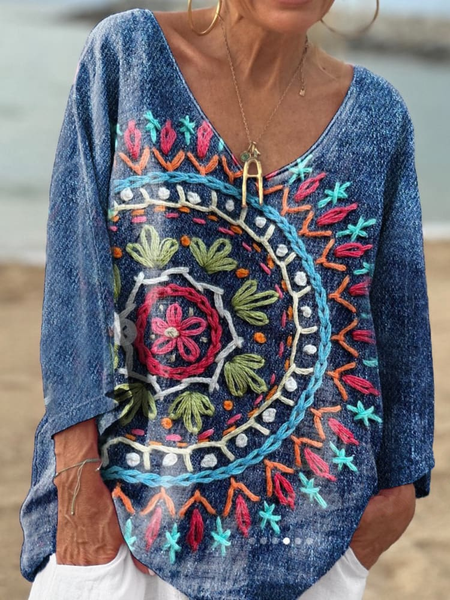 

Women's Vintage Art Print Casual V Neck Long Sleeve Comfort Cotton T-Shirt, Blue, Long sleeves