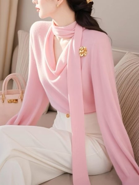 

Elegant Cowl Neck Regular Sleeve Plain Sweater With Brooch, Pink, Pullovers
