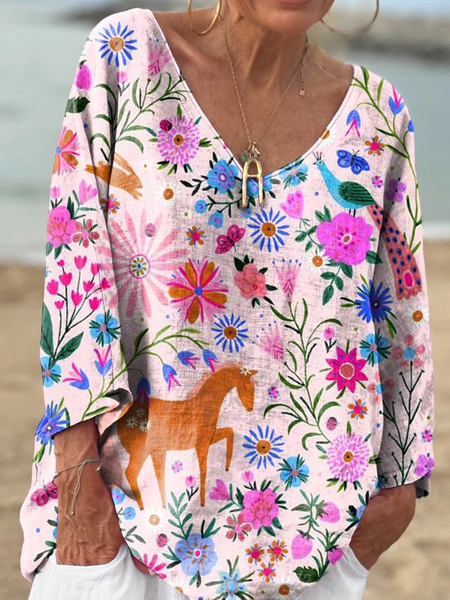 

Women's Colorful Flowers Print Casual V-neck Long Sleeve Comfortable Cotton T-shirt, Pink, Long sleeves