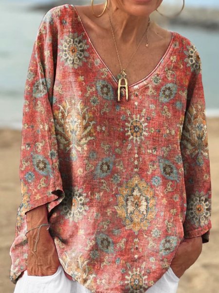

Women's Retro Ethnic Pattern Print V-neck Long Sleeve Comfortable Cotton T-shirt, Red, Long sleeves