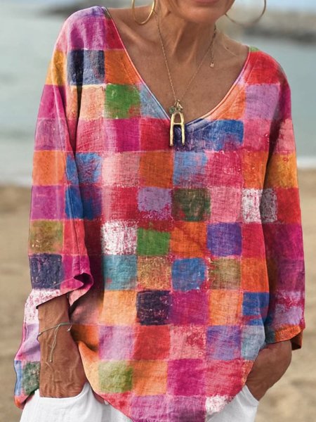 

Women's Colorful Square Print Casual V-neck Long Sleeve Comfortable Cotton T-shirt, Rose red, Long sleeves