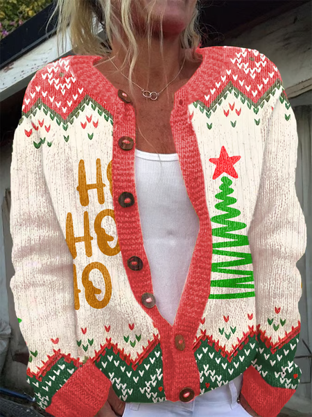 Women's Christmas Printing Flowers Knit Cardigan, As picture, Cardigans