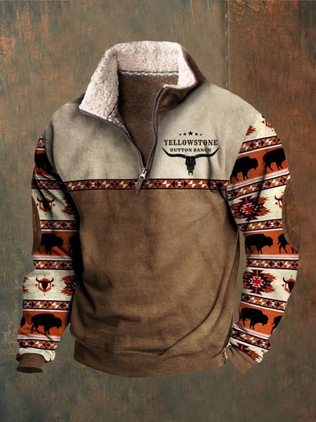 Men's Retro Western Ethnic Print Zipper Half Collar Sweatshirt, Brown, Hoodies&Sweatshirts